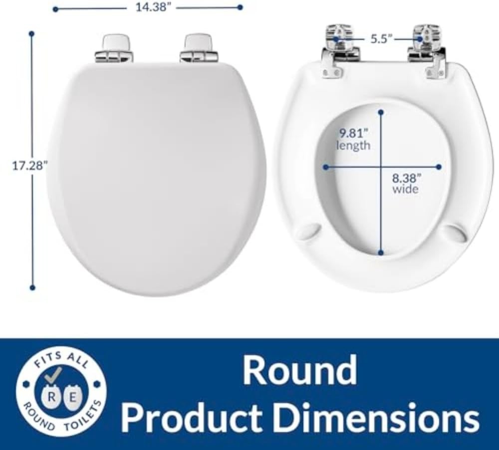 Round Toilet Seat White Enameled Wood Soft Close Chrome Hinges