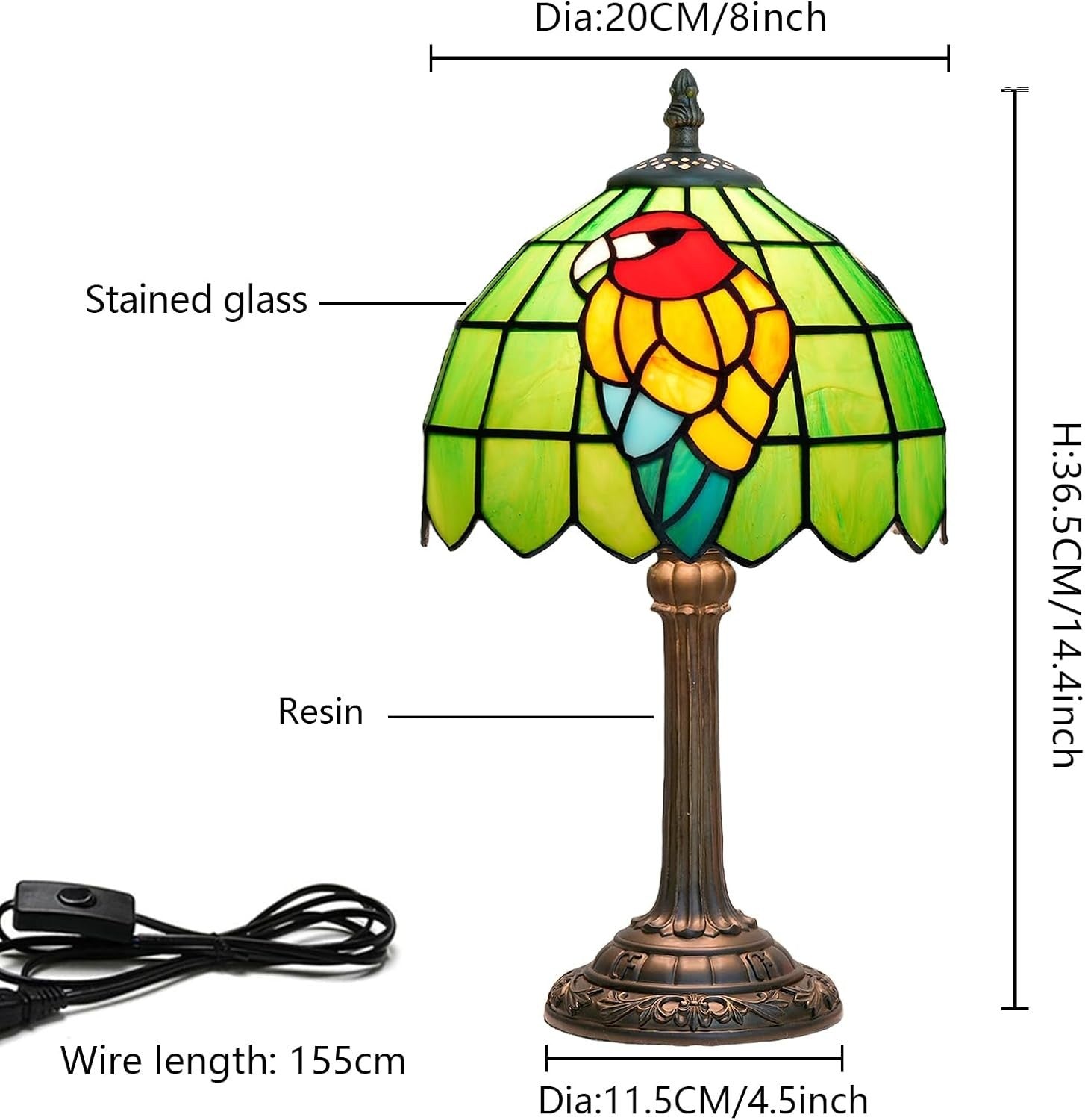 Tiffany Style Parrot Table Lamp Green Glass Bedside Desk Light Retro