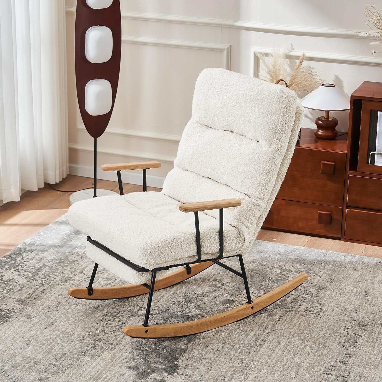 Reclining Bouclé Rocking Chair w/ Footrest – Soft Fleece, 5-Position, White