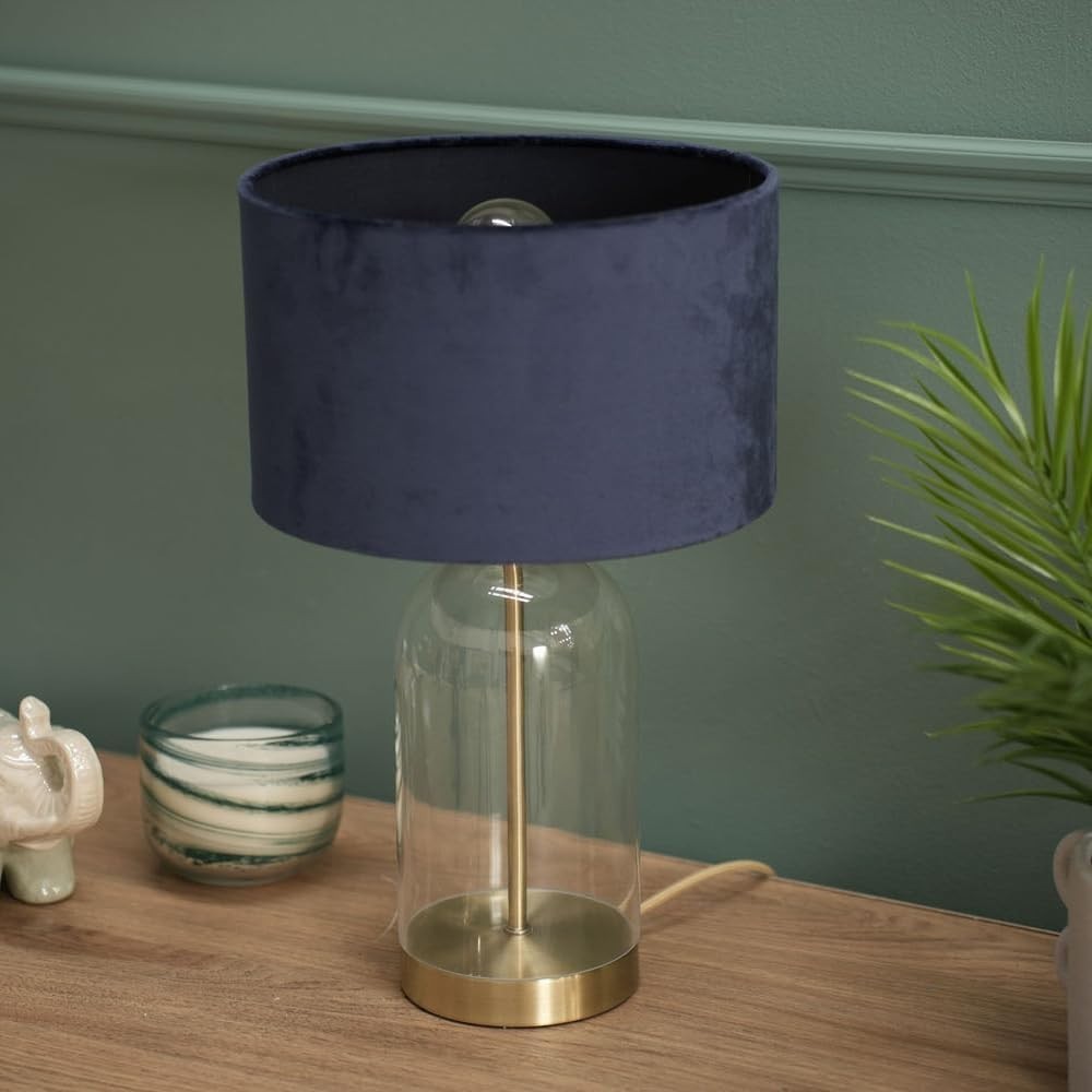 Gold Glass Table Lamp Navy Velvet Shade Bedside Desk Lamp Bulb