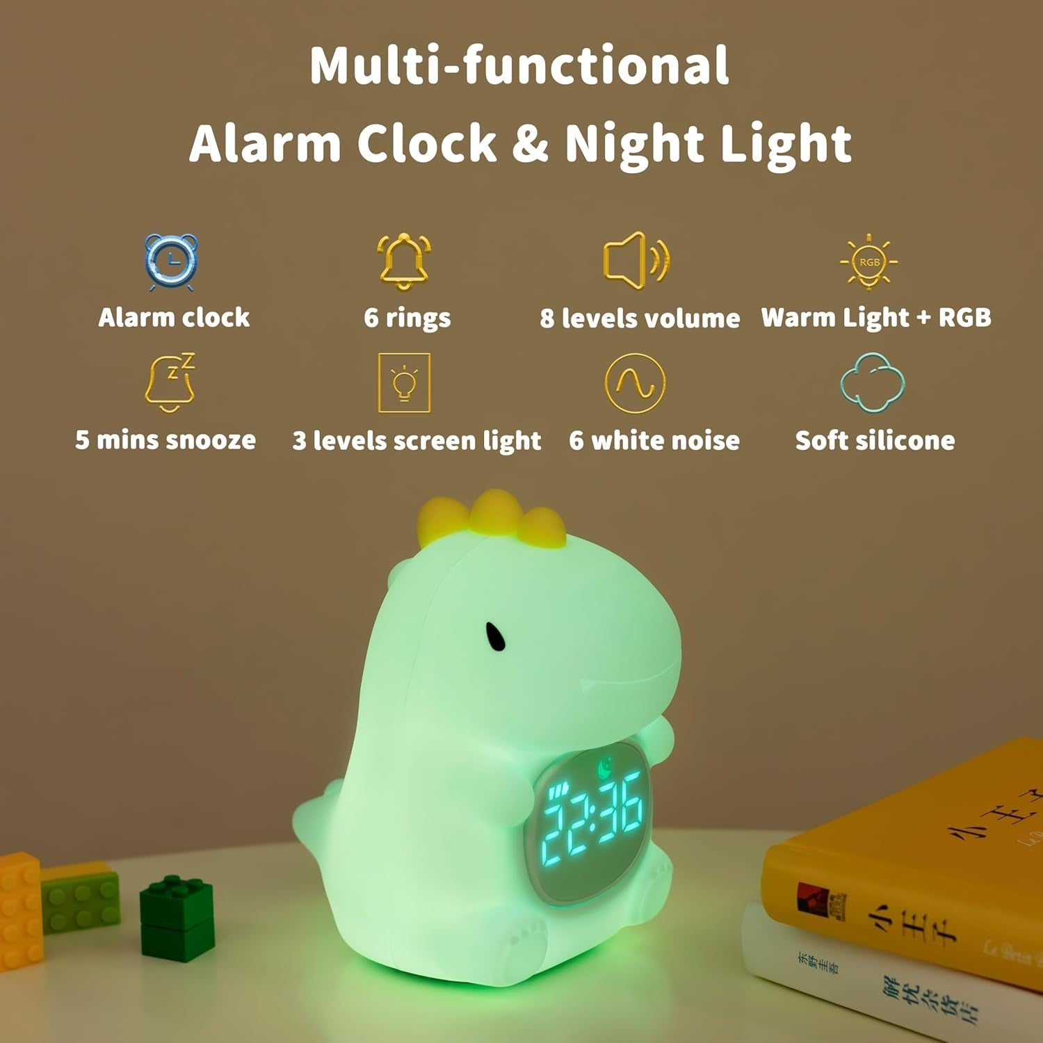 Kids Dinosaur Alarm Clock Night Light Sleep Trainer White Noise Table Lamp