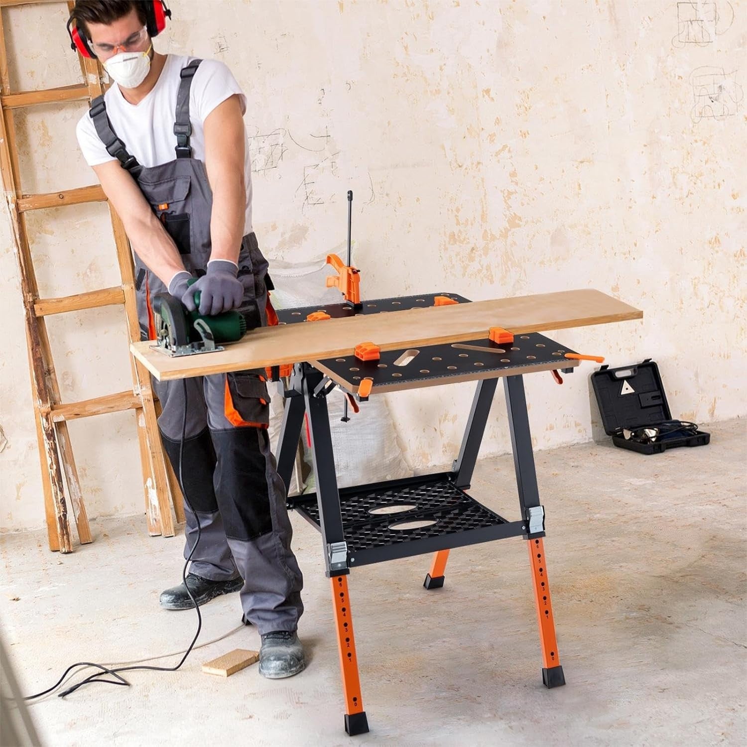 Folding Workbench 8-Height Adjustable Flip-Top Table with Clamps & Shelf