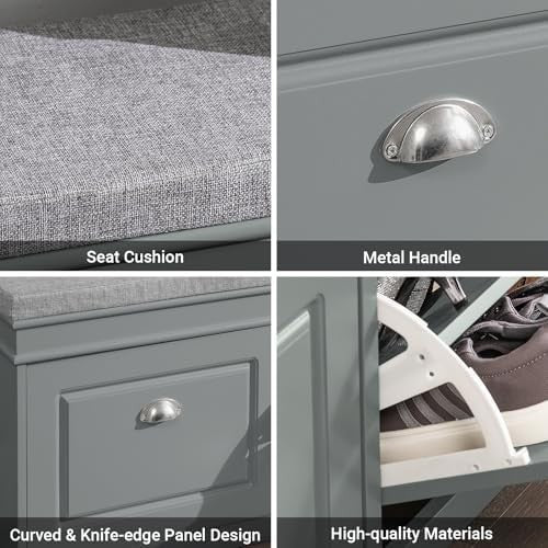 Grey Shoe Storage Bench with Seat & 2 Flip Drawers – Modern Hallway Organizer