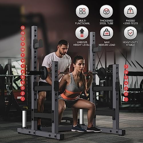 Adjustable Squat Rack Black Heavy-Duty with J-Hooks & Plate Storage