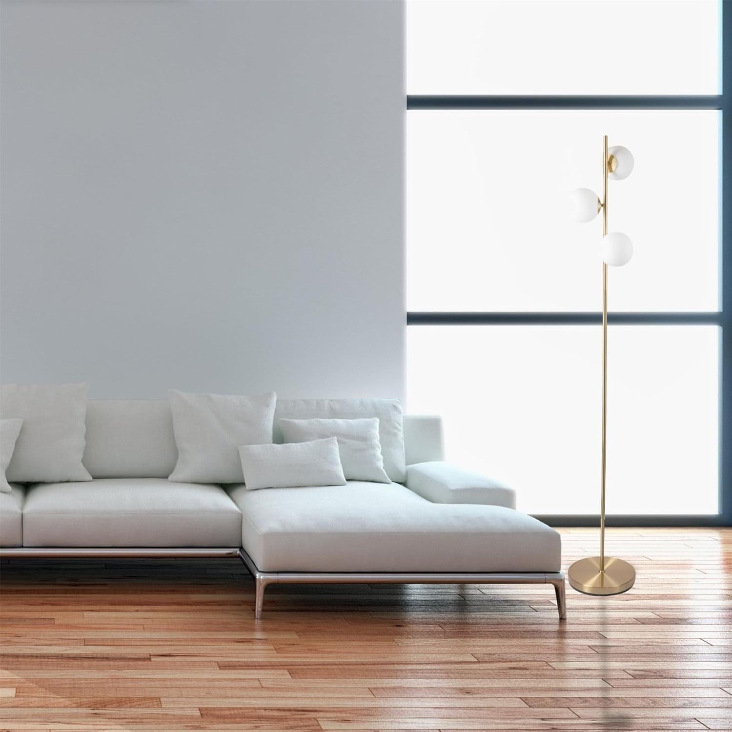 Modern Satin Brass Floor Lamp with Opal Glass Globes & Foot Switch