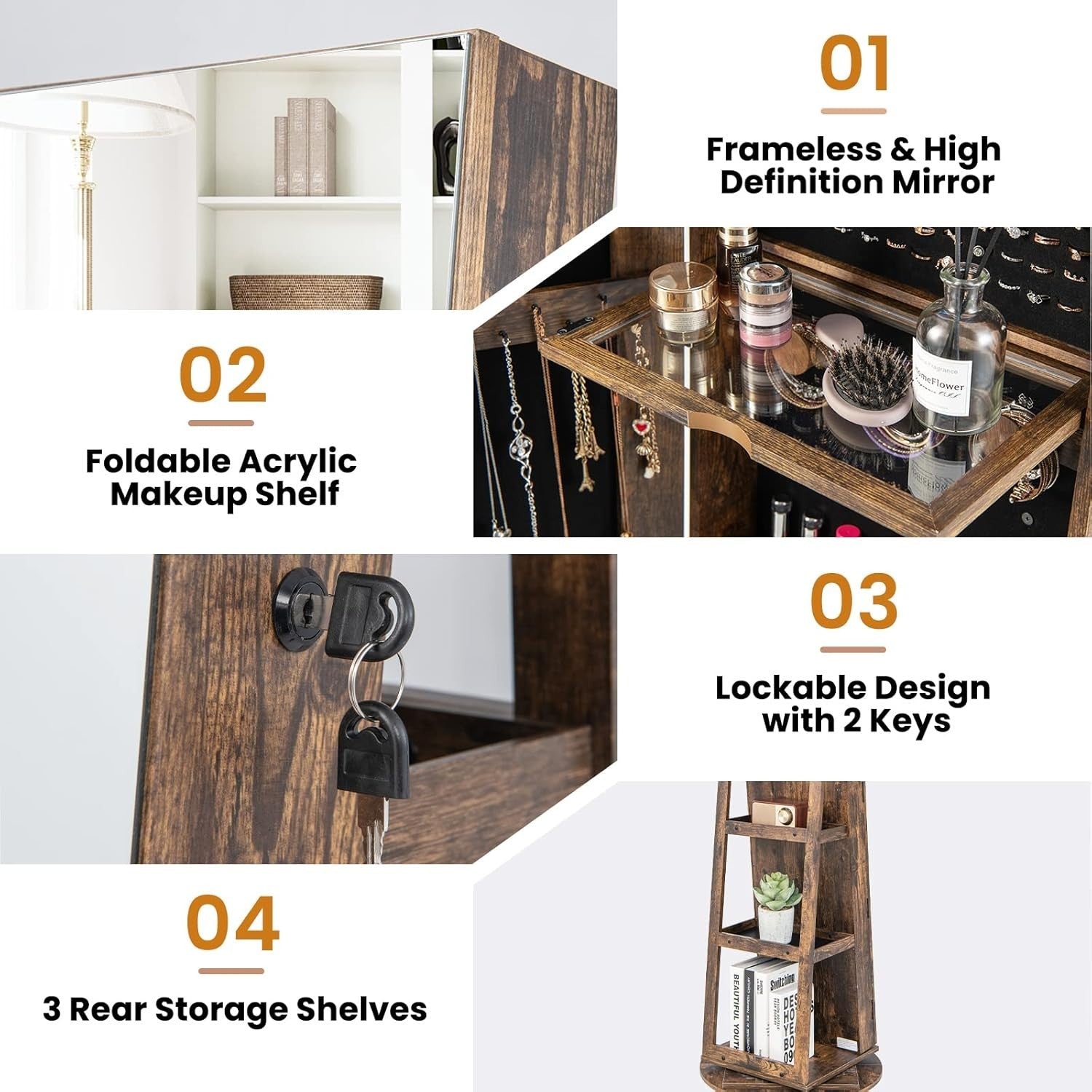 Rustic Brown 360° Swivel LED Jewelry Cabinet Mirror Lockable 3-in-1