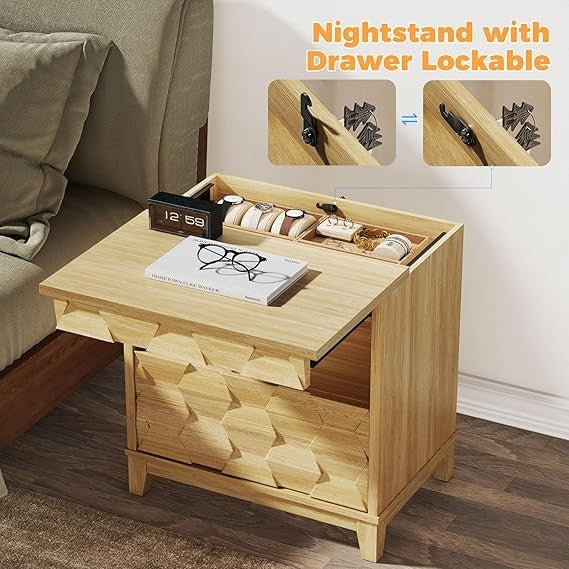 Modern Bedside Table with Hidden Locking Drawer, 3D Fluted Design, Natural Night