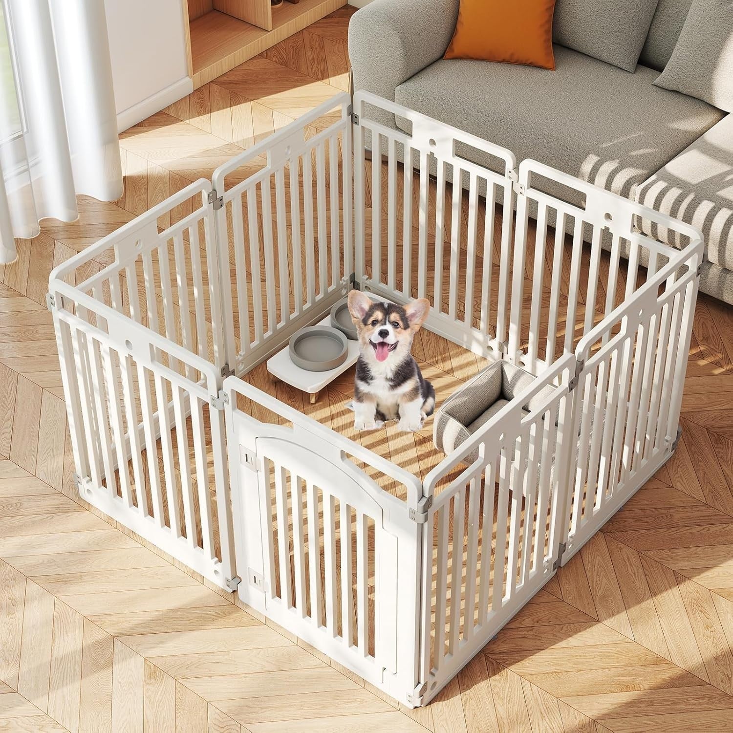 Foldable Plastic Dog Playpen with Lockable Gate Indoor Outdoor Pet Fence