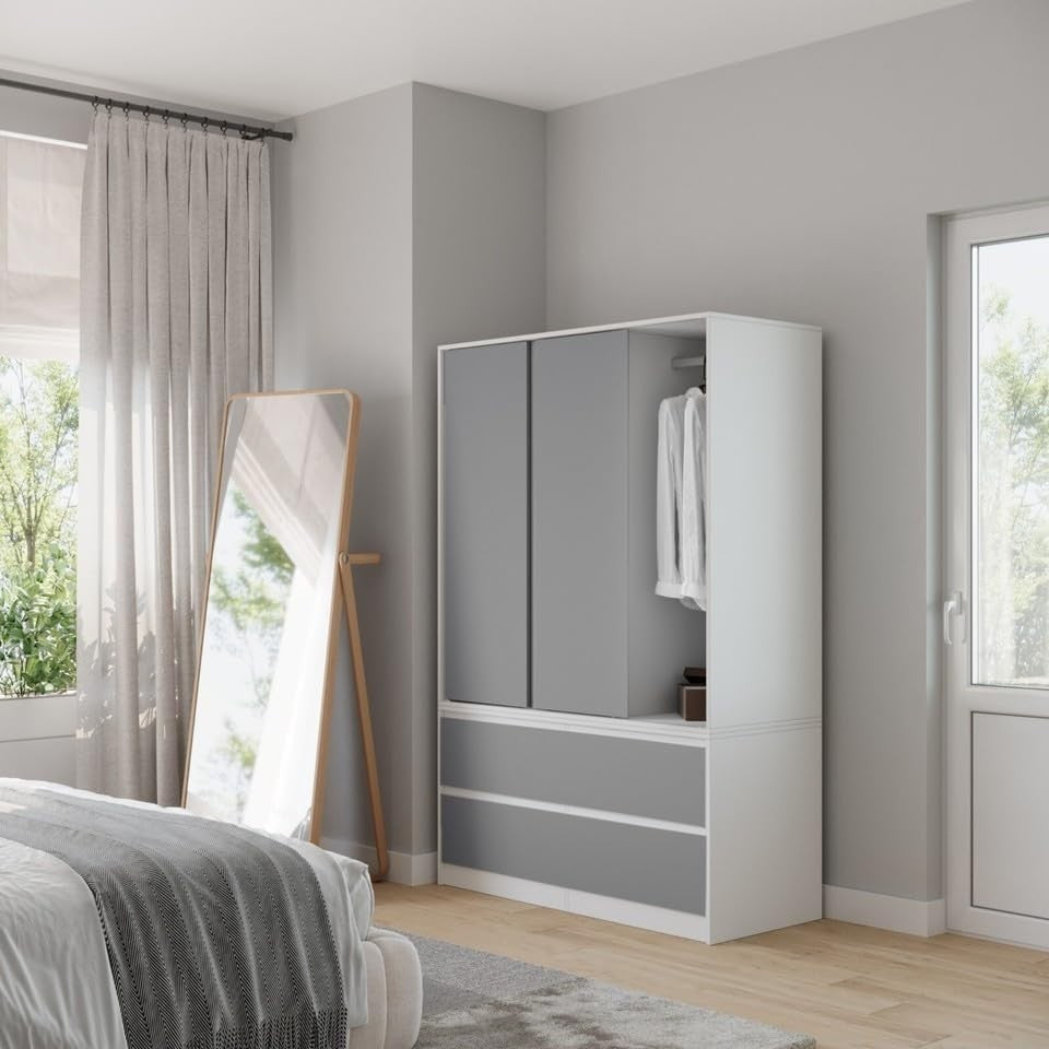 Grey Sliding Wardrobe with 4 Drawers Rail Storage Modern Bedroom Unit