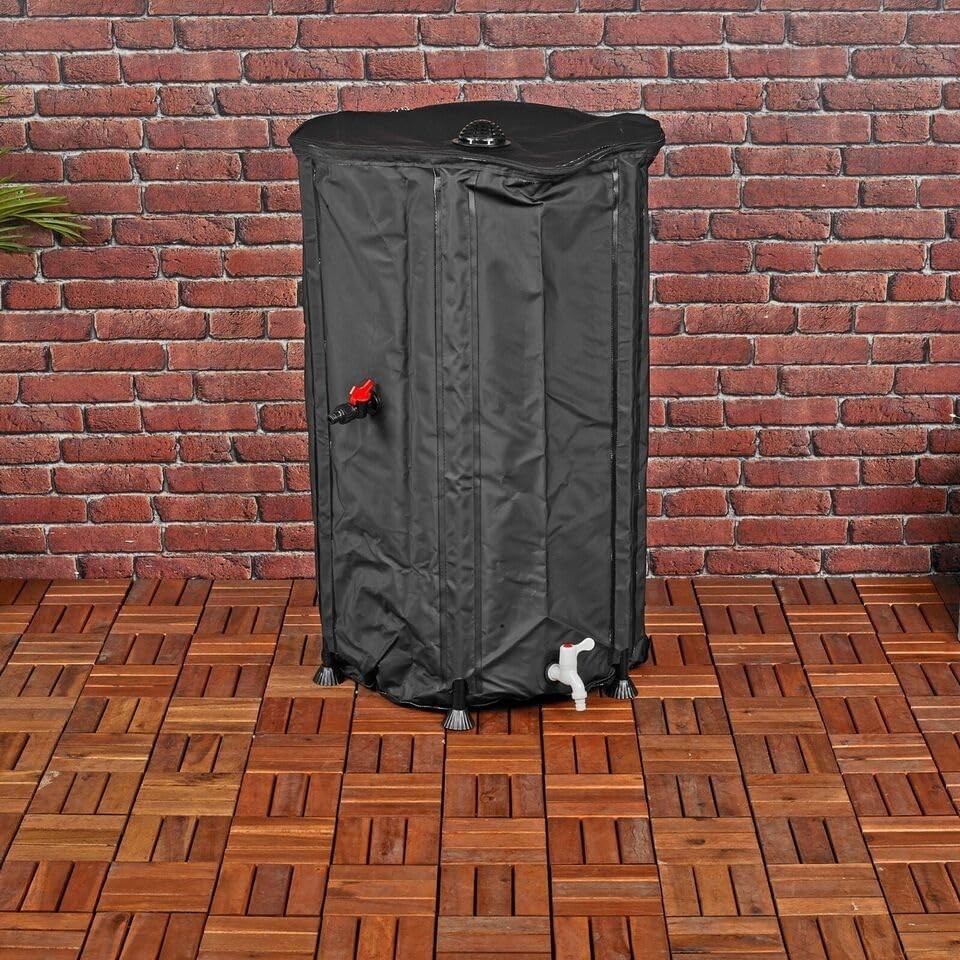 250L Black Collapsible Rainwater Barrel W/Tap Foldable Outdoor Water Collector