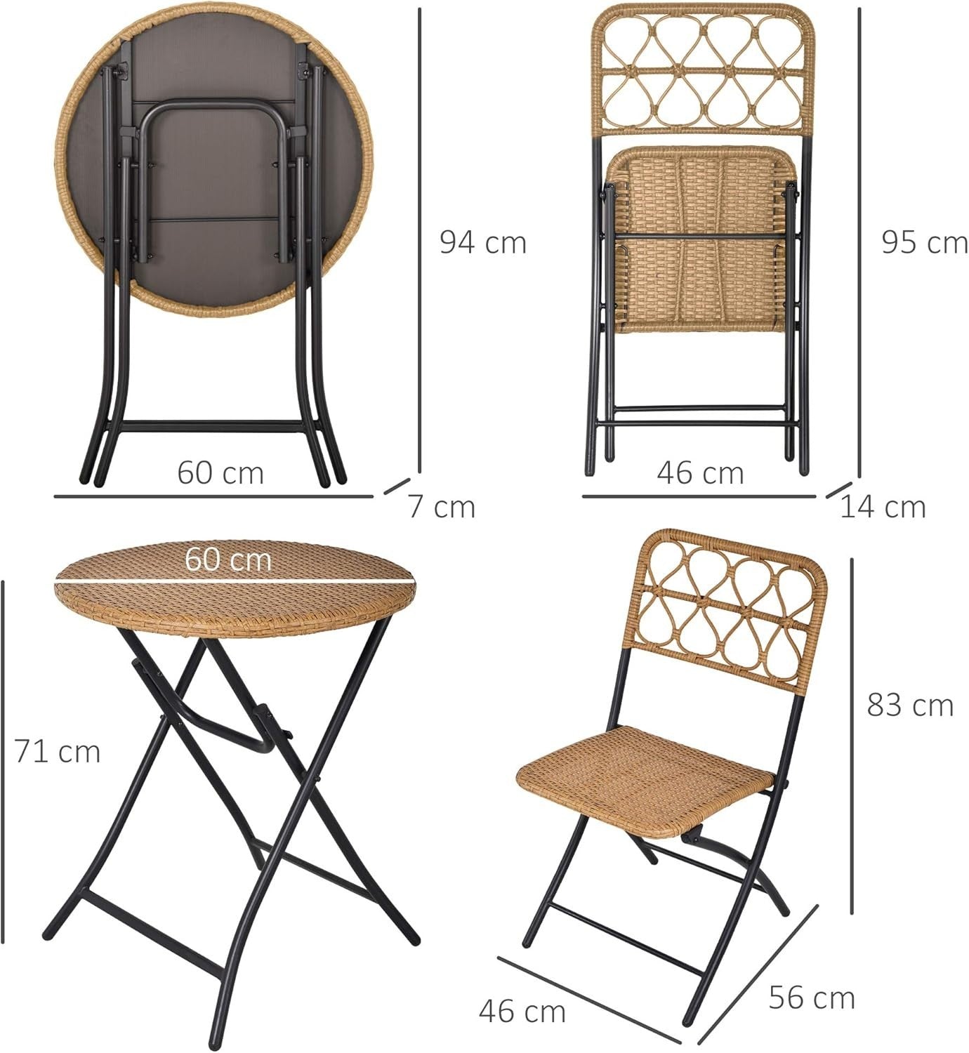 Folding Rattan Bistro Set 2 Chairs Round Table Compact Balcony Patio Set