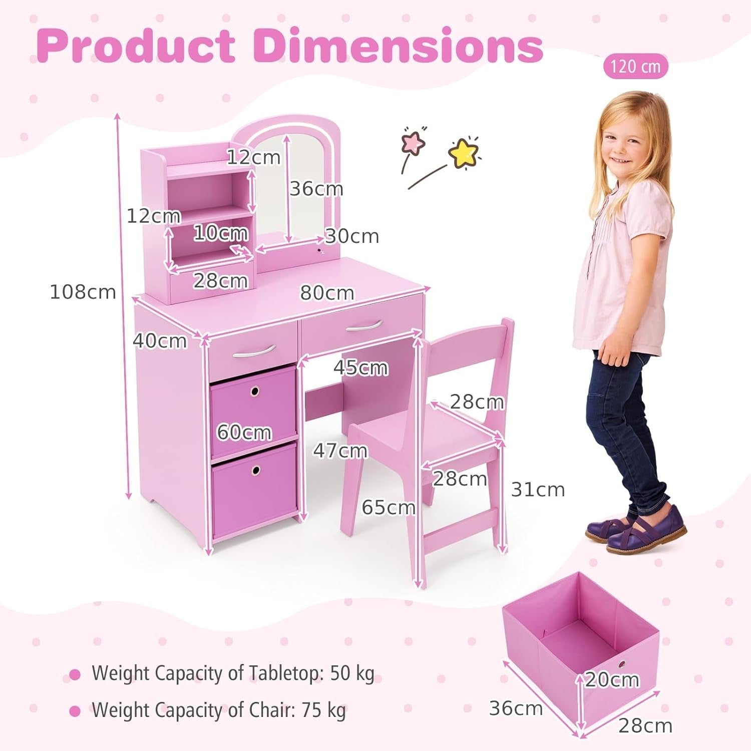 Kids Vanity Table Set with Mirror & Lights 3 Drawers Desk Storage Pink Children'