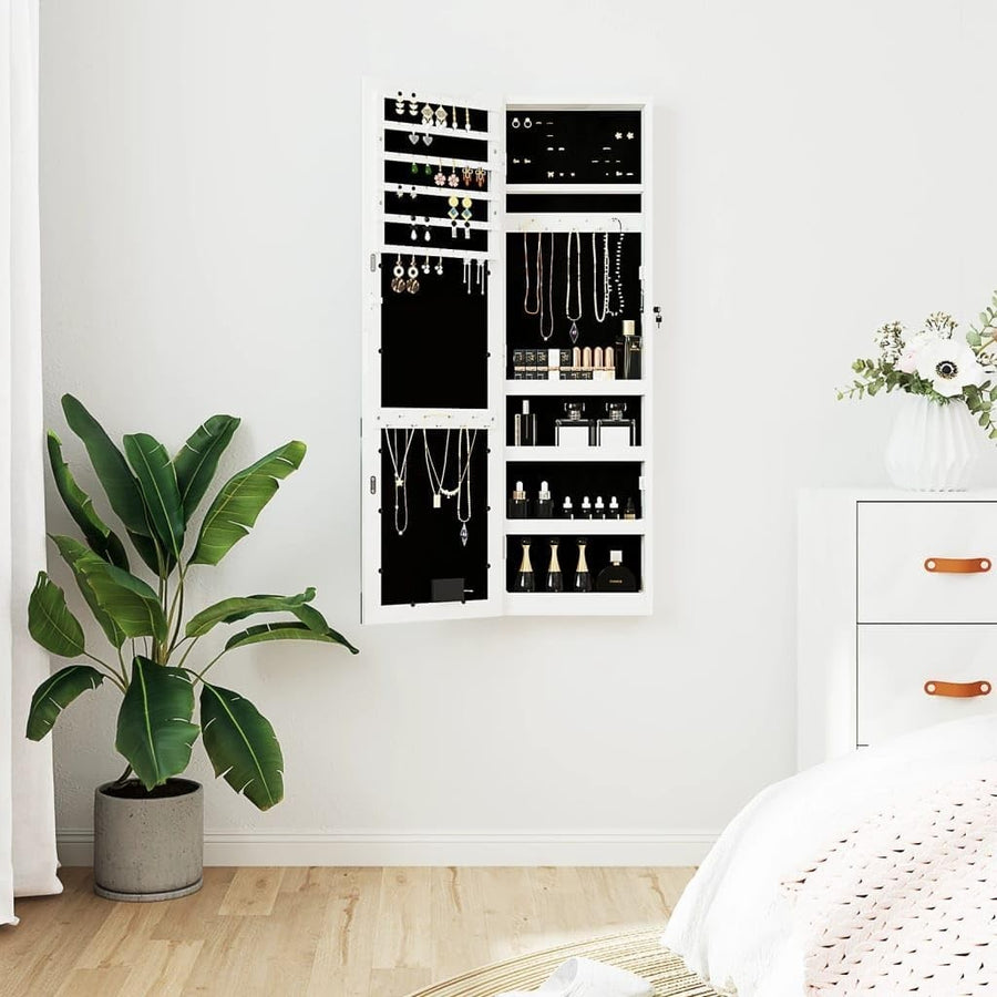 Wall Mounted LED Mirror Jewelry Cabinet Lockable Storage Armoire White