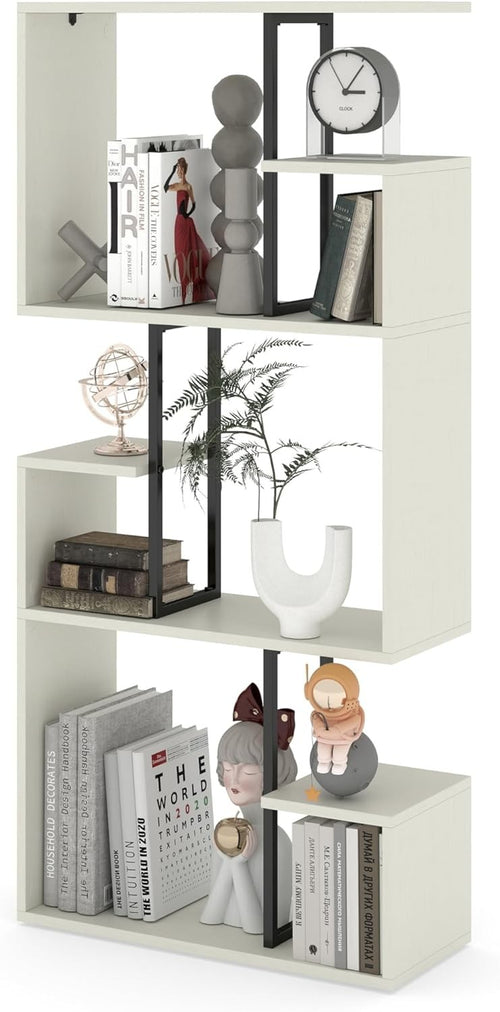 White 3-Tier Slim Bookcase Room Divider, Asymmetric Display Storage Shelf