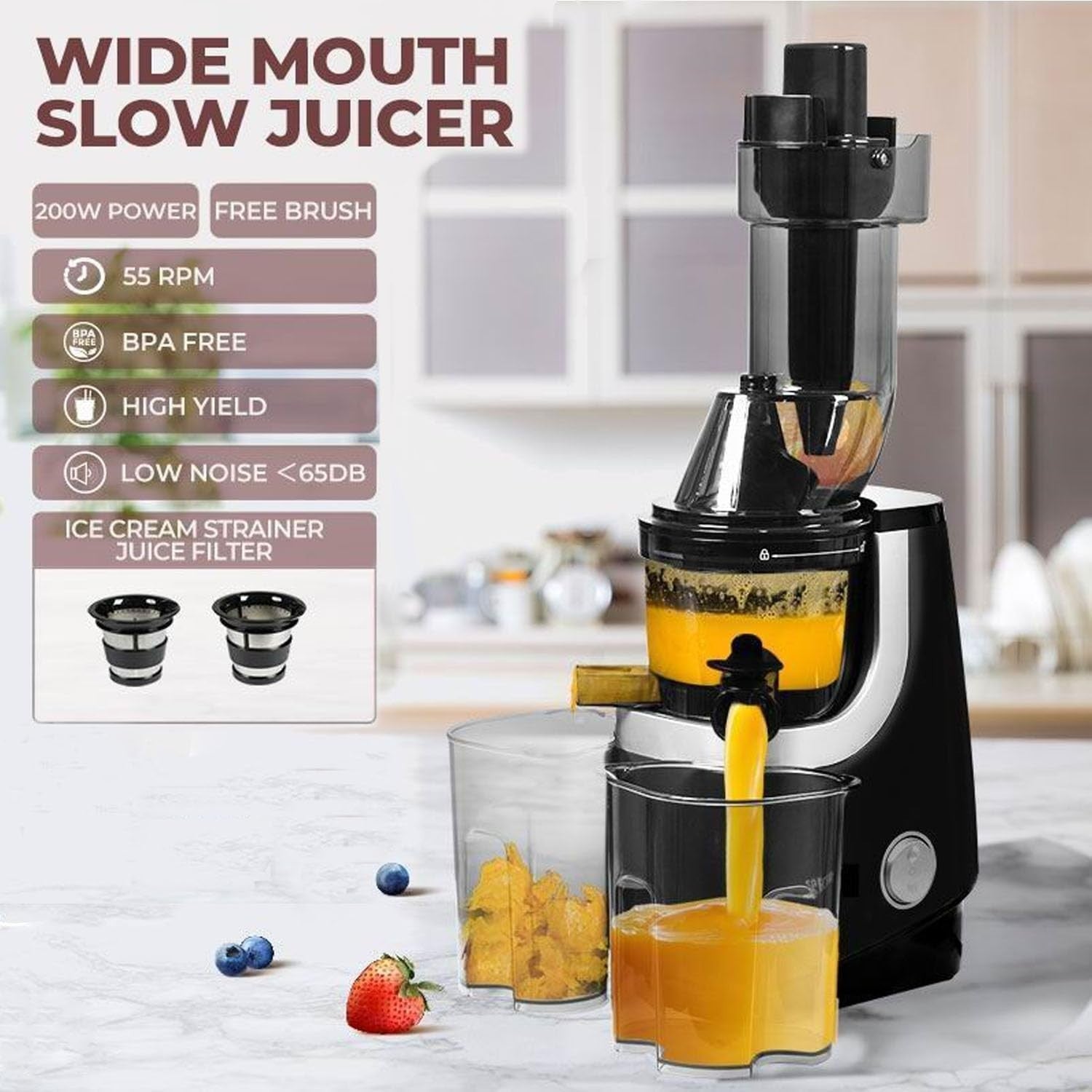 Cold Press Juicer Slow Masticating Quiet Motor Reverse Easy Clean 200W