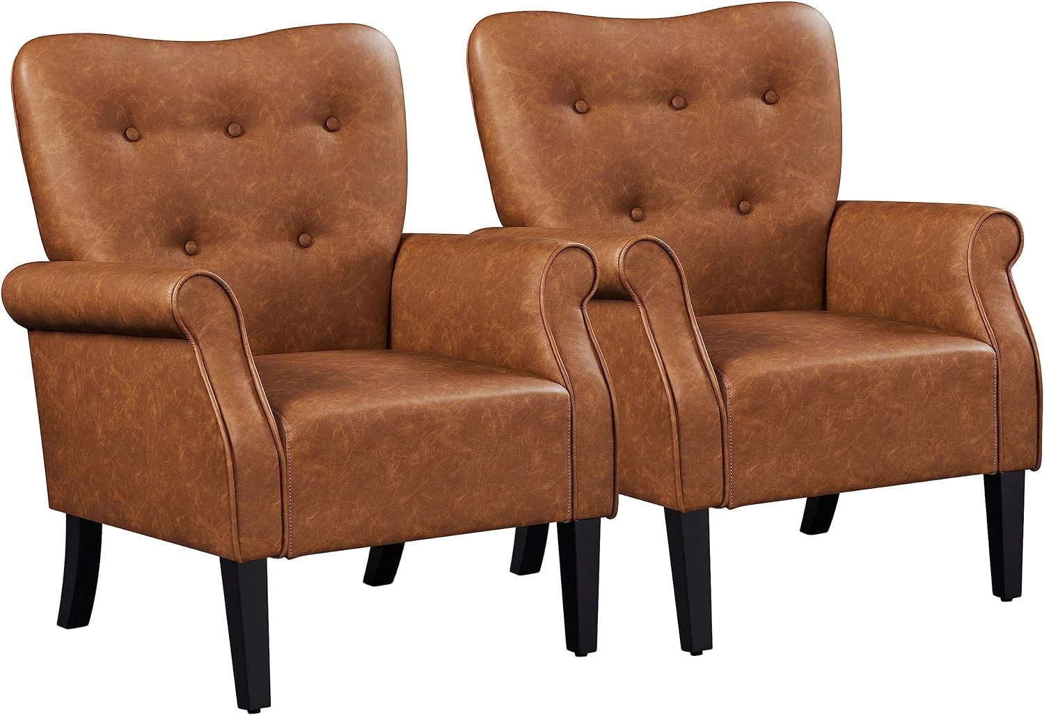 Set of 2 Retro Brown PU Leather Tub Chairs Mid-Century Armchairs
