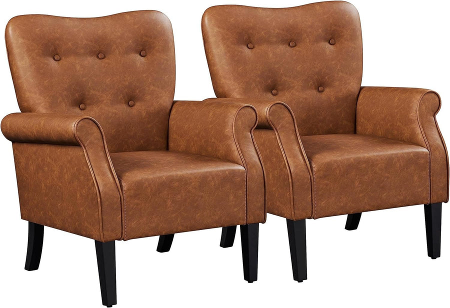 Set of 2 Retro Brown PU Leather Tub Chairs Mid-Century Armchairs