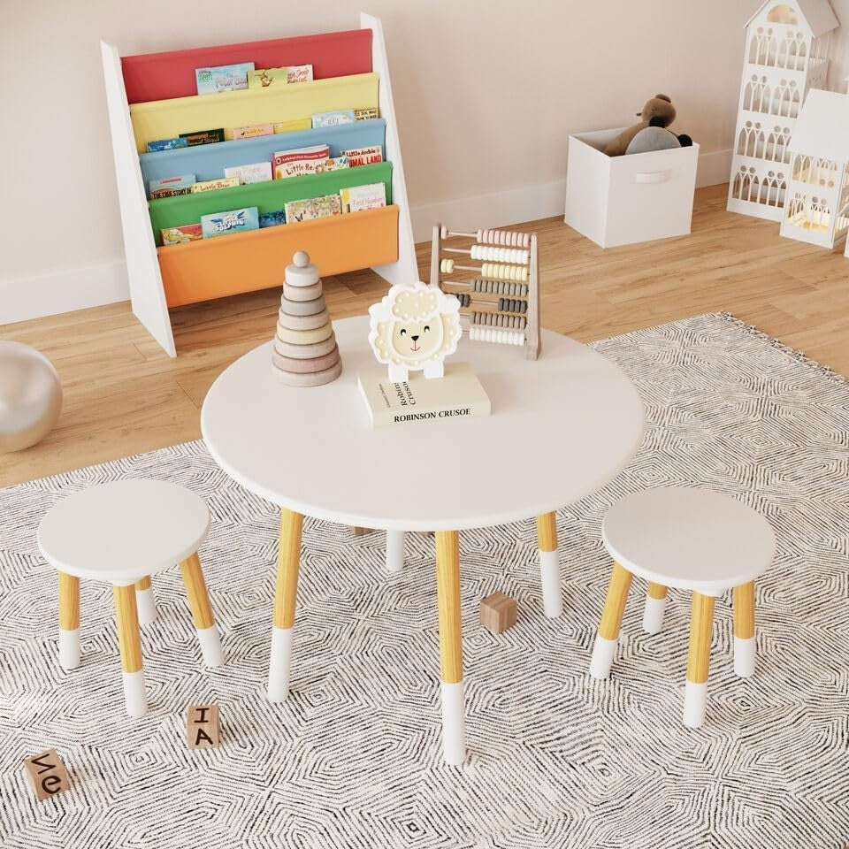 Kids Wooden Round White Table & 4 Chair Set, Durable Toddler Activity Desk