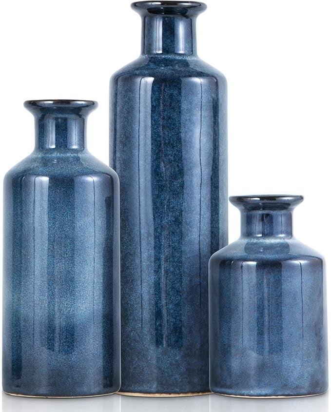 Blue Ceramic Vase Set Modern Decorative Bottle Vases for Home Decor