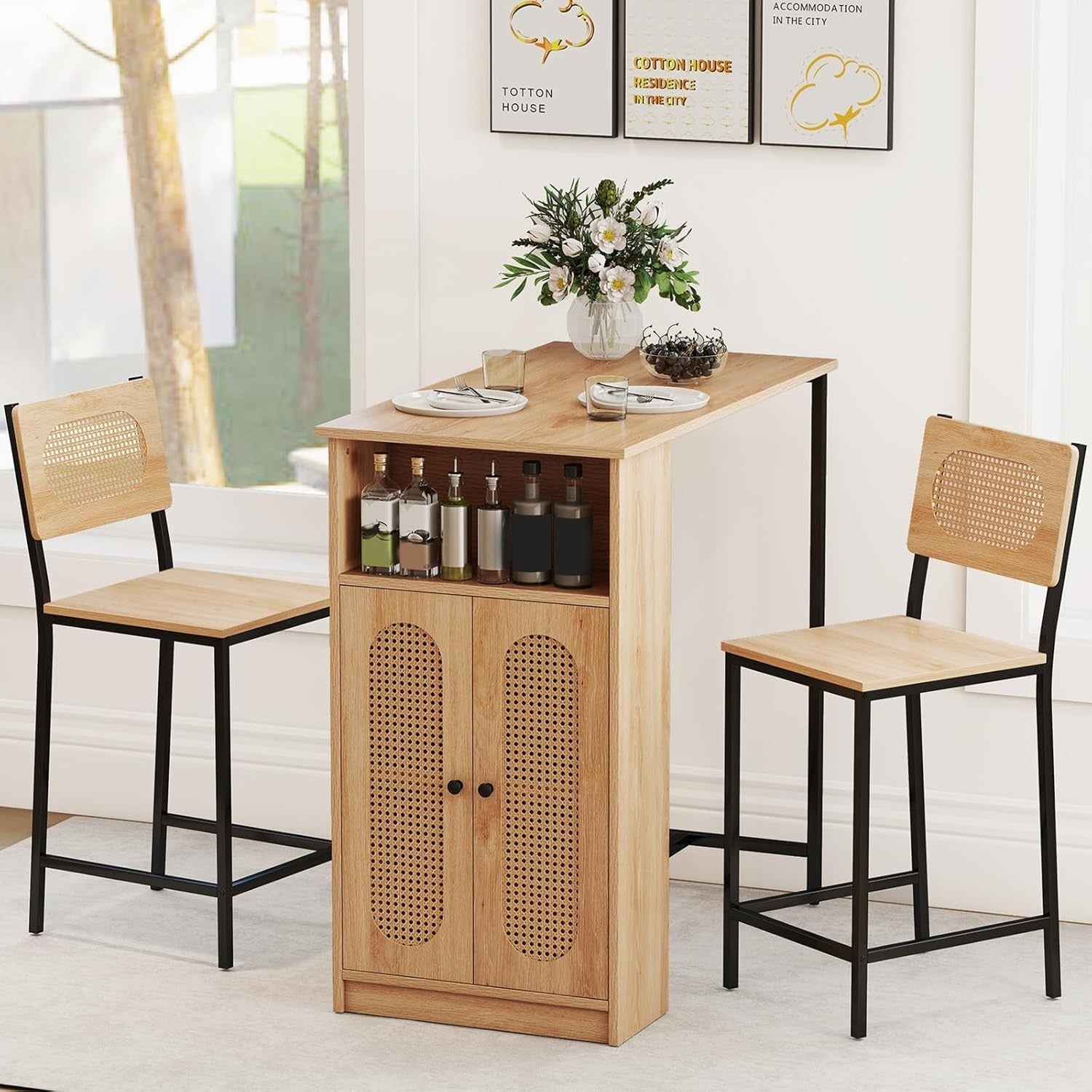 3Pcs Rattan Bar Table Set with Storage Cabinet & 2 Chairs Natural Wood Furniture