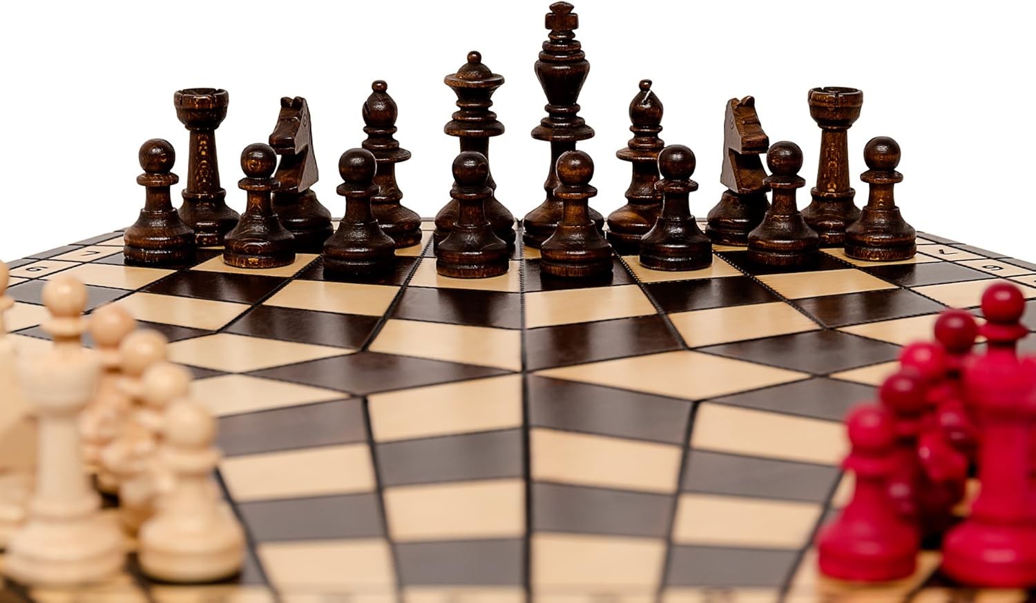 Large 3-Player Wooden Chess Set Hexagonal Board 40×35cm Handcrafted Travel