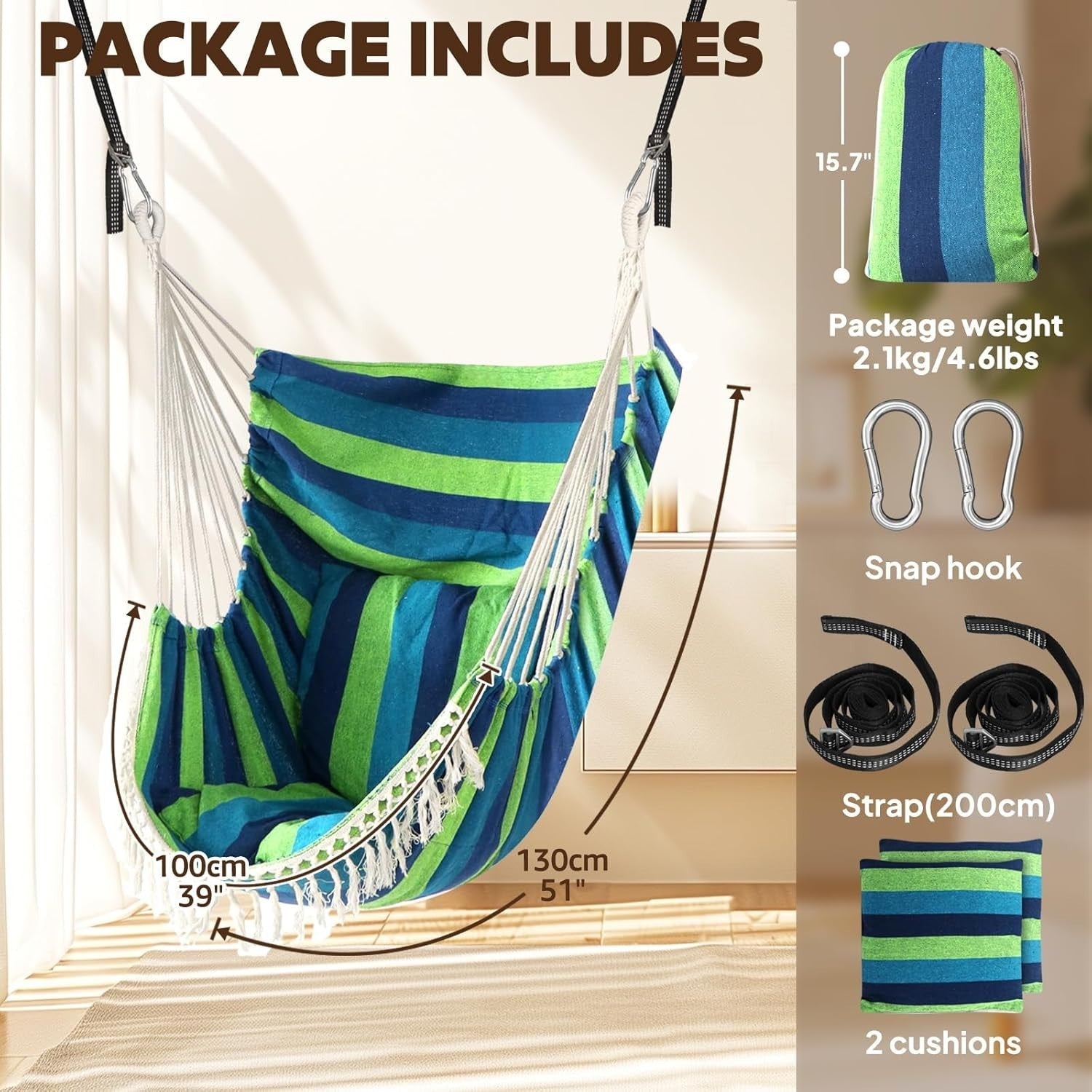 Blue Green Hammock Chair with Cushions & Straps | 500lbs Indoor Outdoor Swing