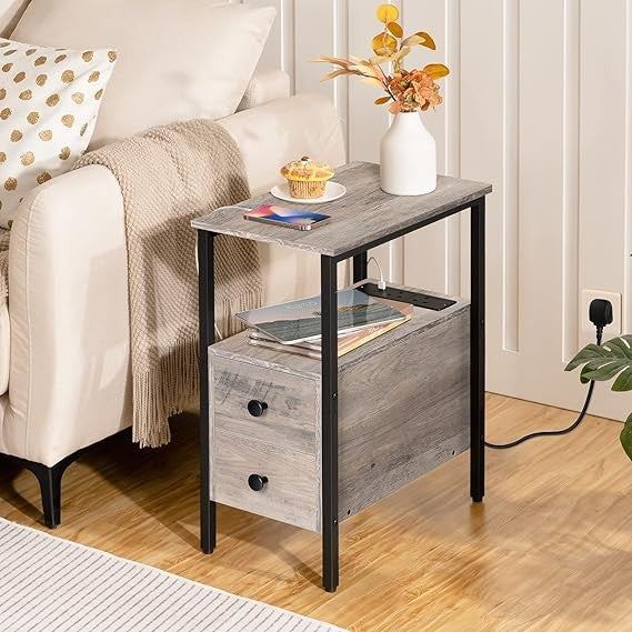 Slim Bedside Table with Charging Station, 2 Drawers, USB Ports, Modern Narrow