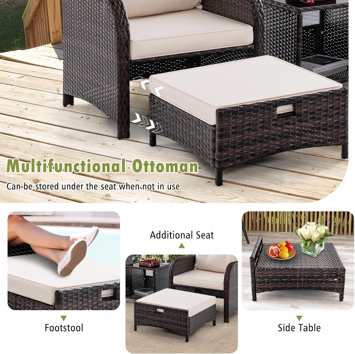 5PCS Garden Rattan Patio Set with Cushions, Coffee Table & Ottomans Outdoor