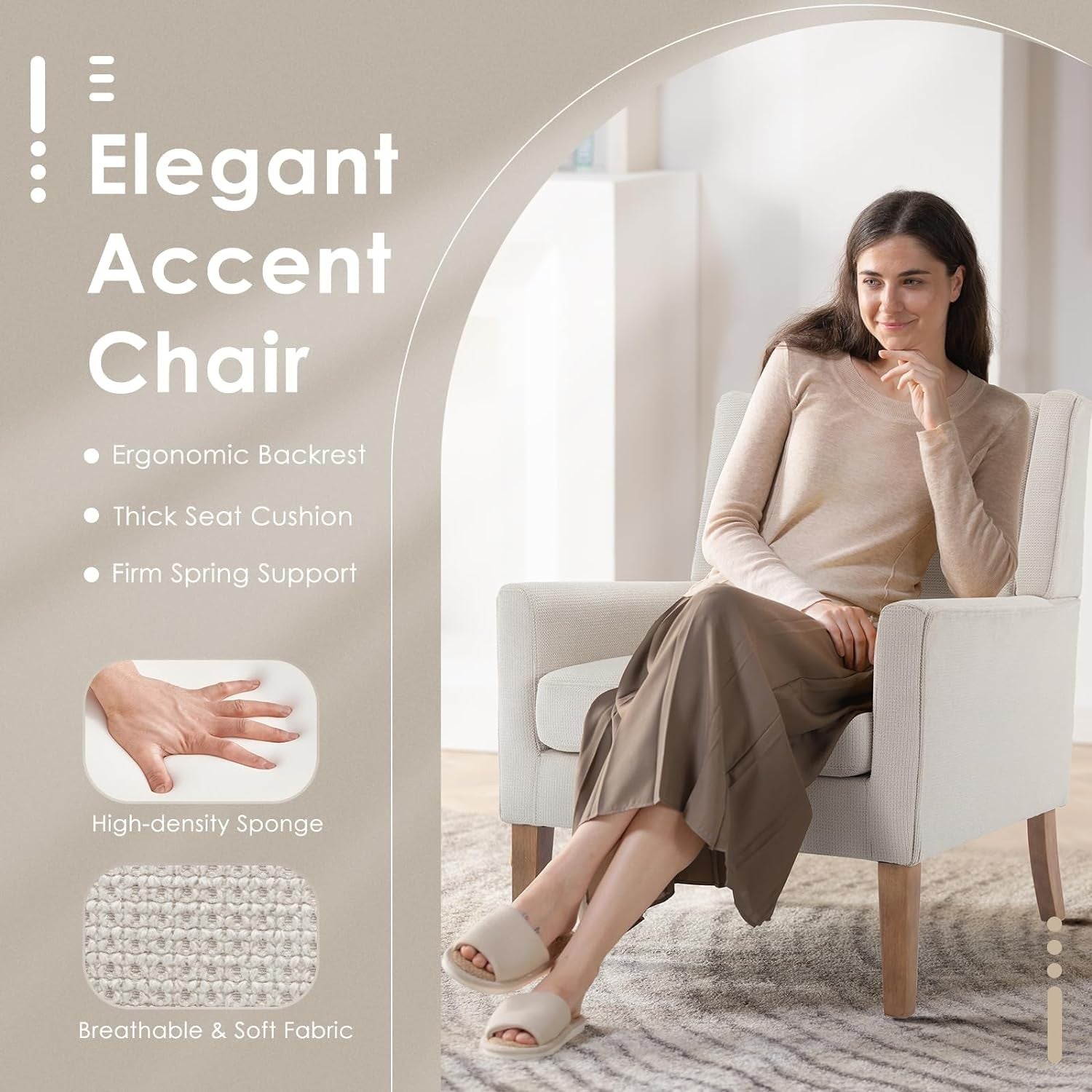 Beige Wingback Accent Armchairs Set of 2 Upholstered Wood Legs