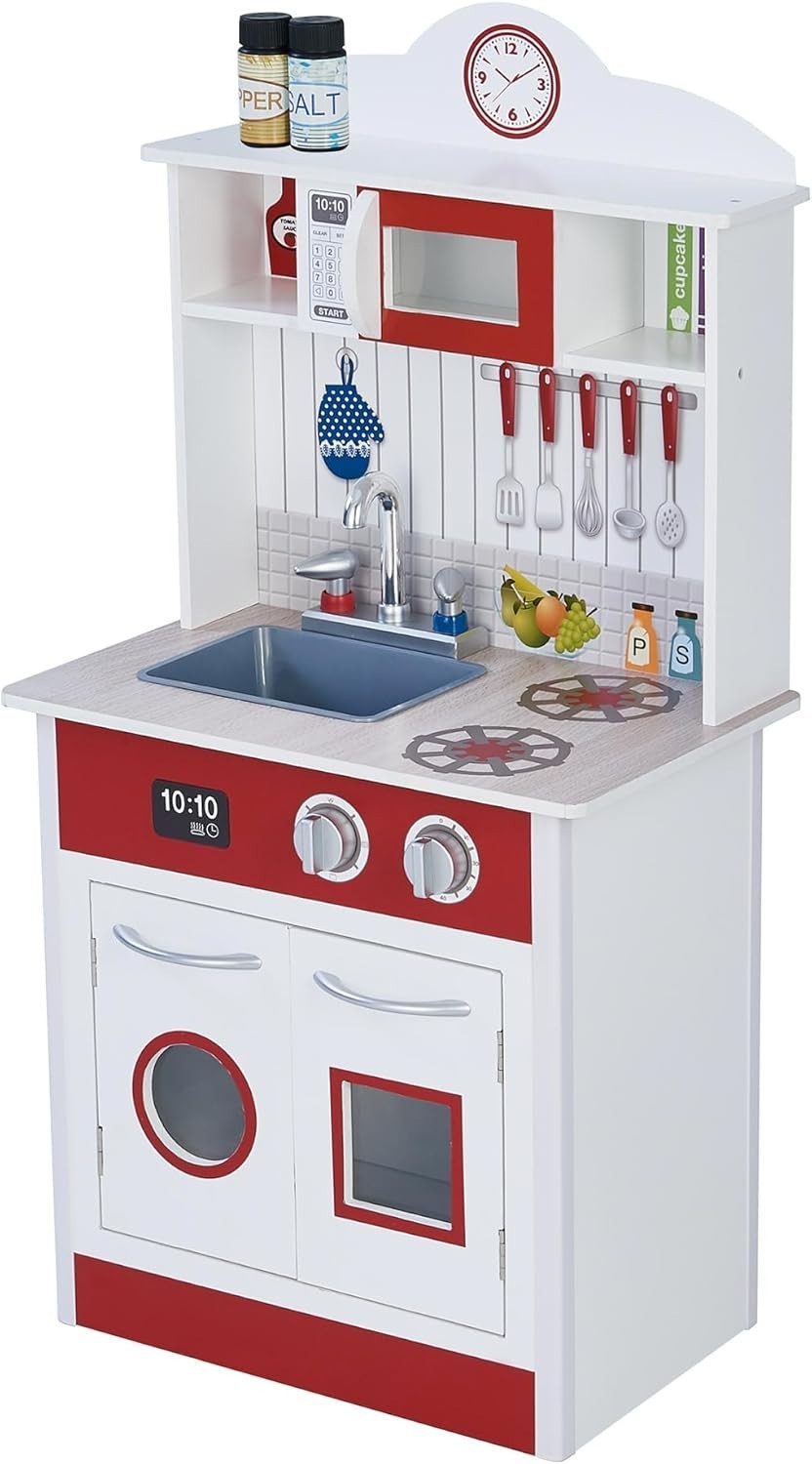 Compact Wooden Kids Play Kitchen Sink Oven Microwave White Red