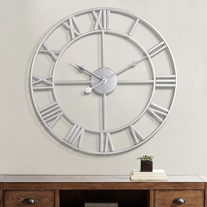 Large 60cm Roman Wall Clock Silent Non-Ticking Metal Vintage Home Decor