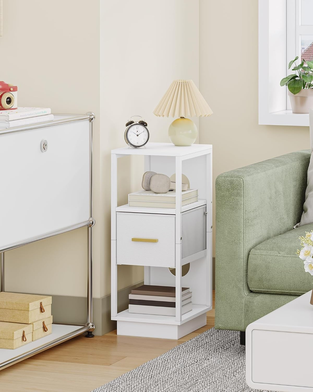 Slim White Bedside Table with Fabric Drawer – Modern Narrow Nightstand with Shel