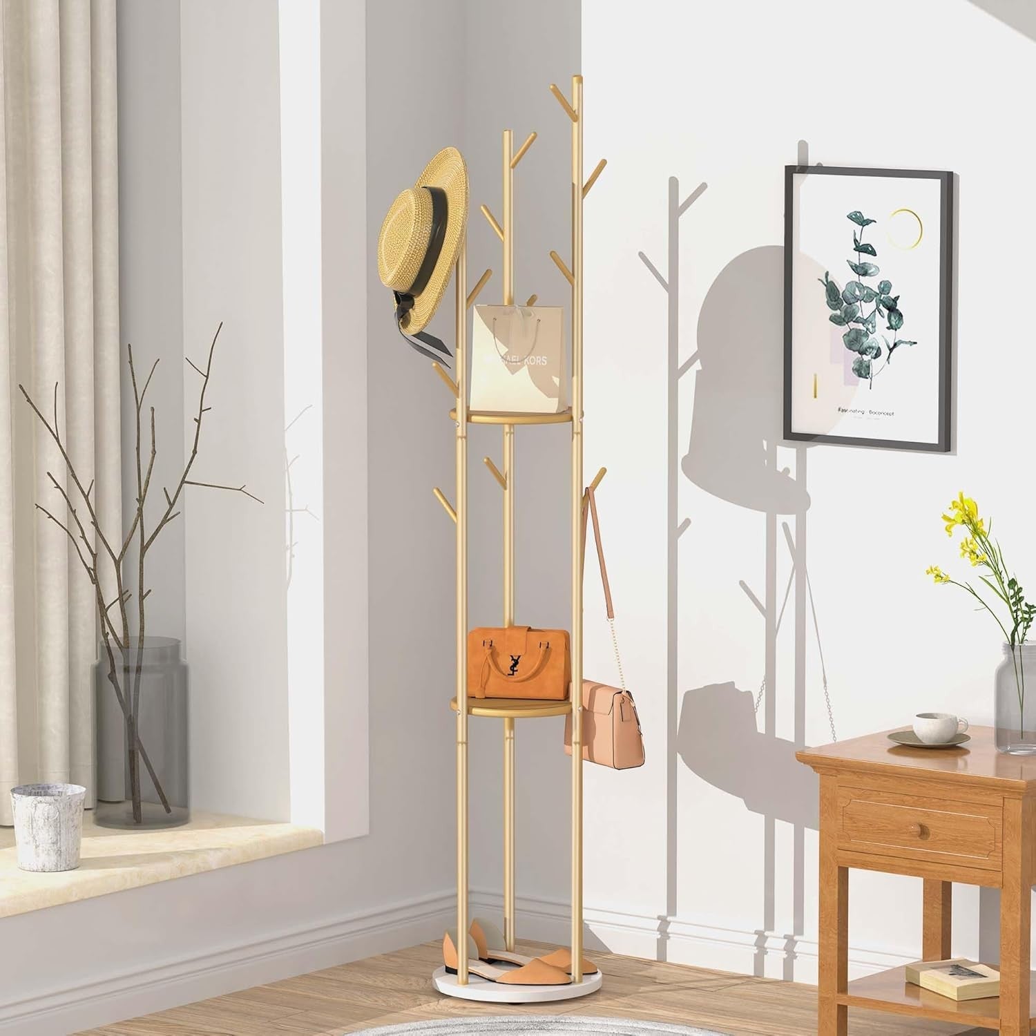 Modern Gold Metal Coat Rack with Shelves | Freestanding Hall Tree Organizer Stan