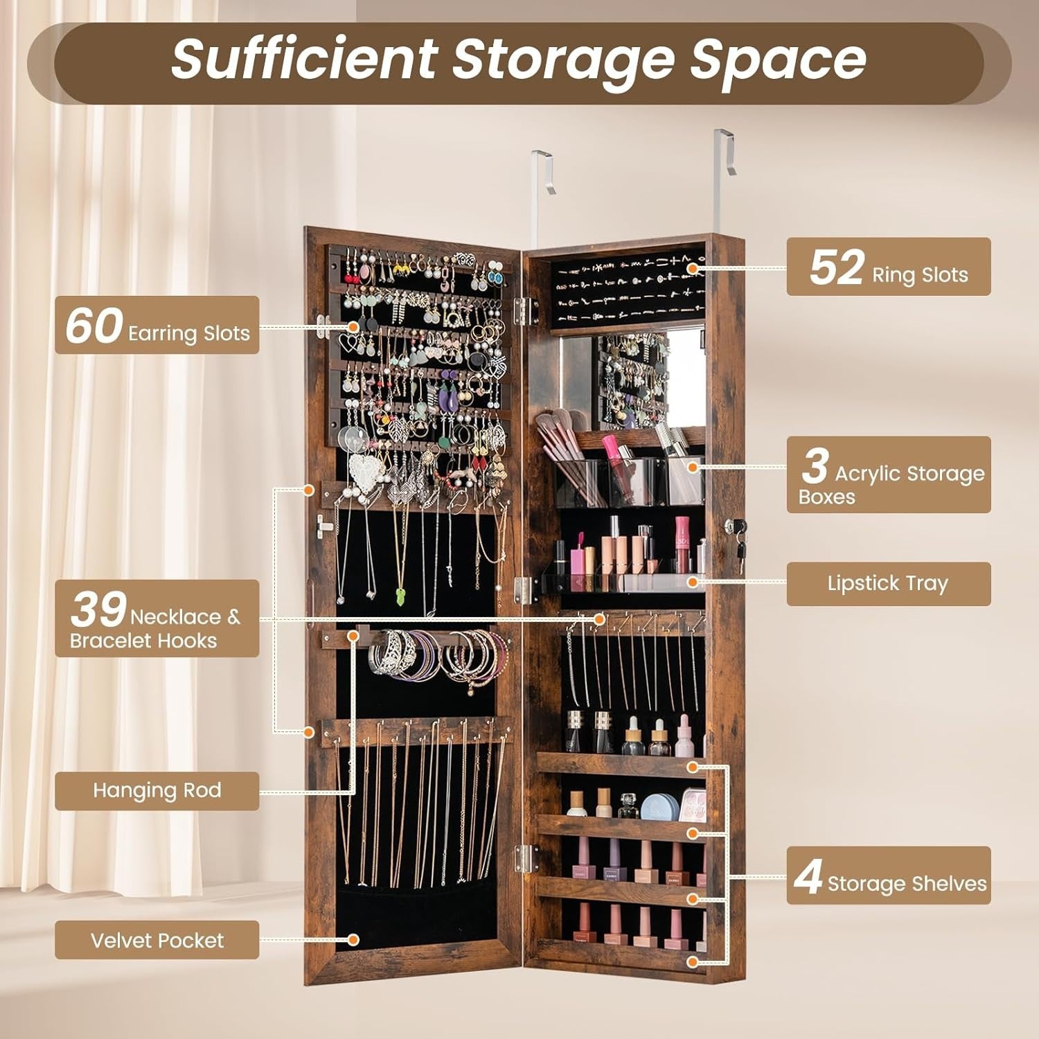 Rustic Brown Wall Door Jewelry Armoire Lockable Full Length Mirror