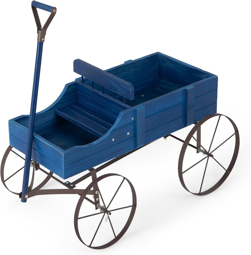 4-Wheel Wooden Garden Wagon & Blue Planter Cart w/ Handle for Outdoor Flower