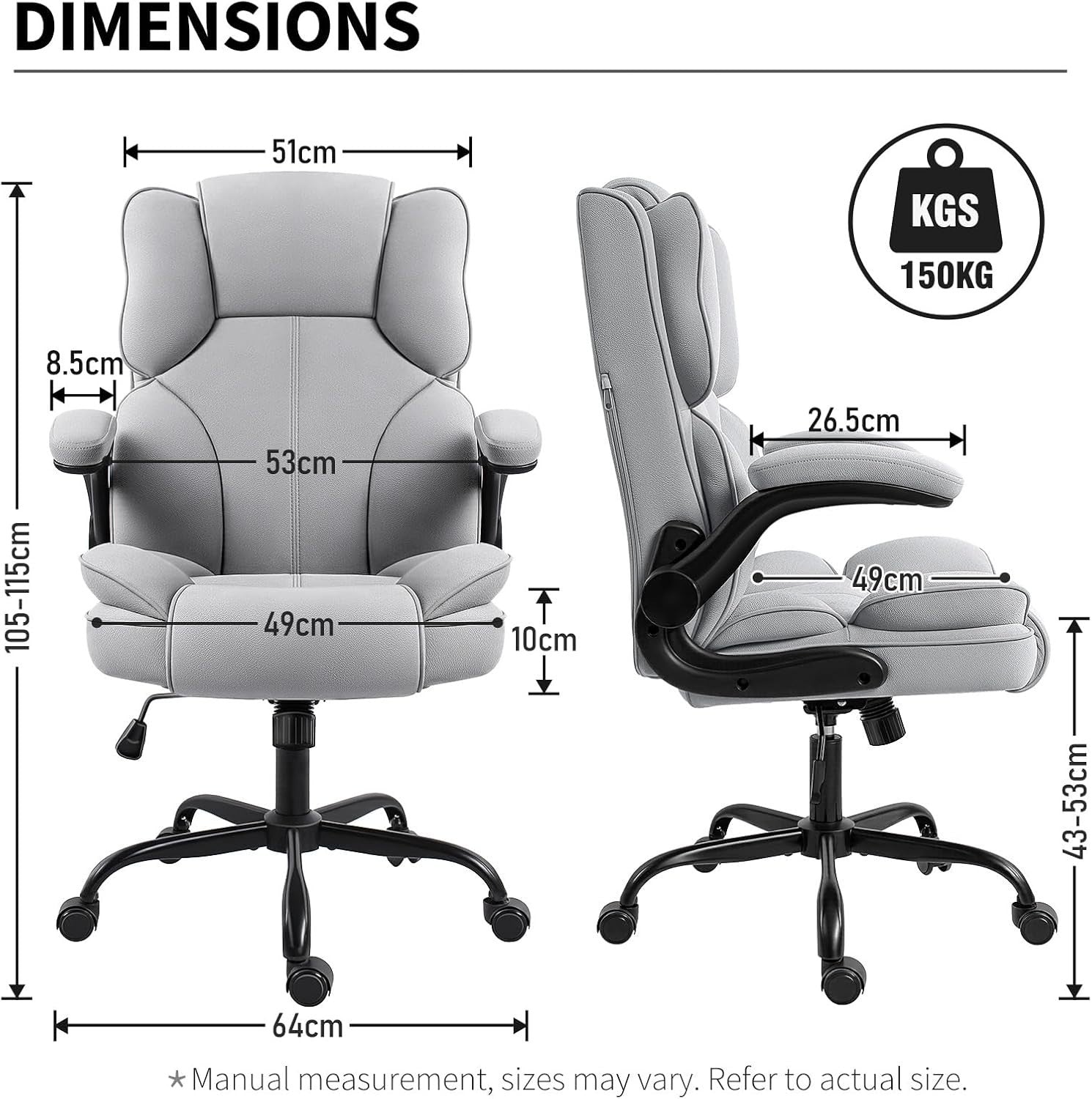 Ergonomic Office Chair Grey Desk Computer Seat Large Heavy Duty Fold-up Arms