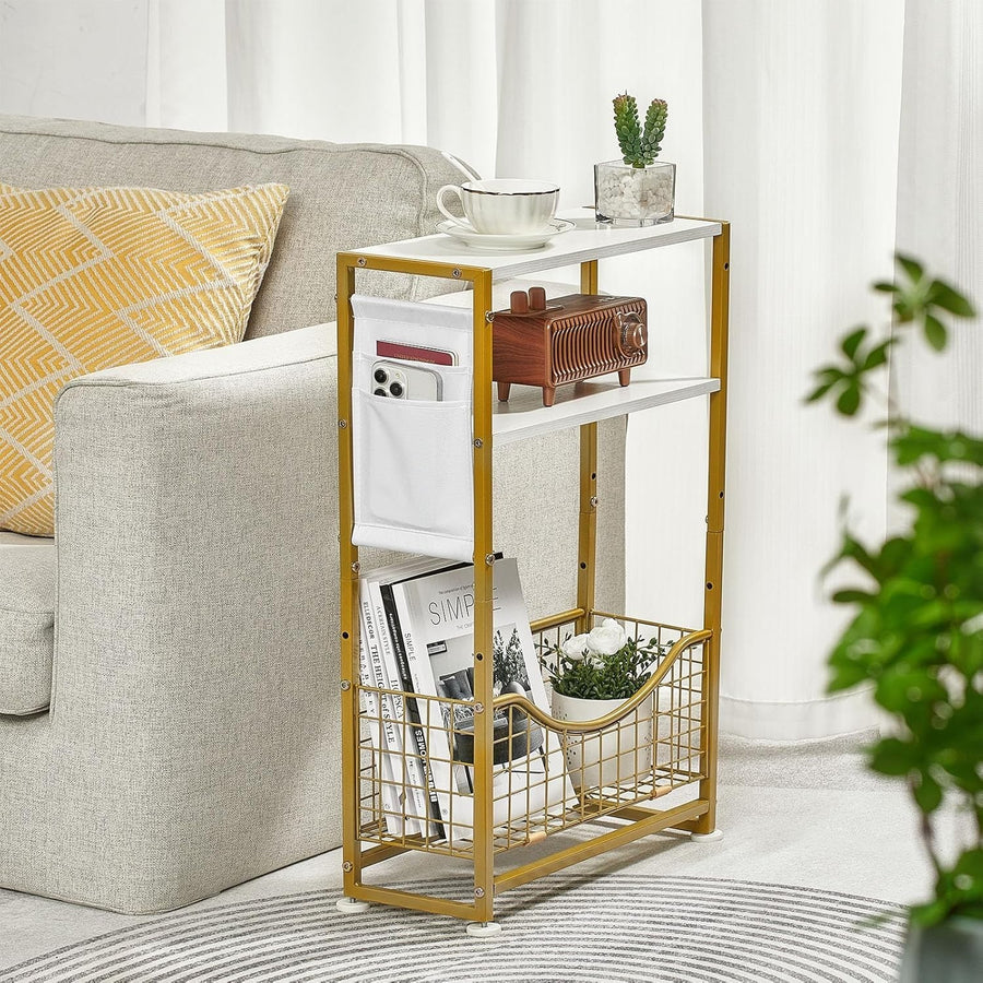 White Gold 3-Tier Narrow Side Table 30x30x50 cm | Slim End Table w/ Storage