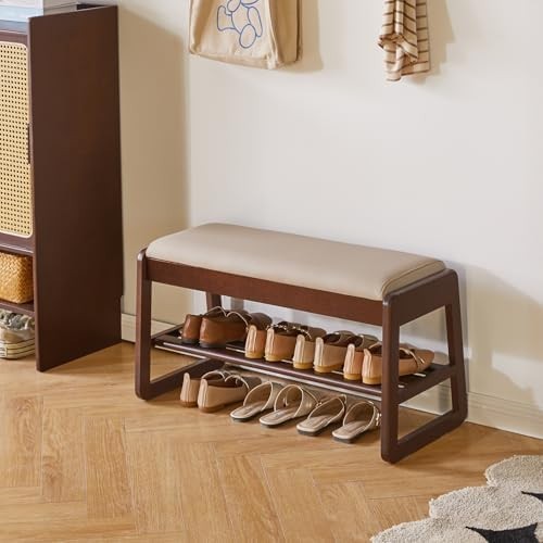 2-Tier Flip-Top Shoe Storage Bench with Cushion – Walnut 31.5in