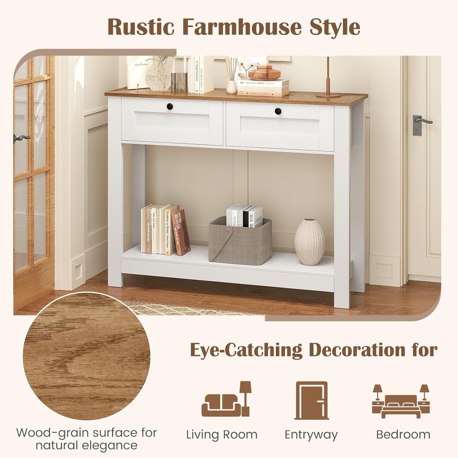 Slim Rustic Console Table 2 Drawers Open Shelf Hallway Storage 106x30x81cm