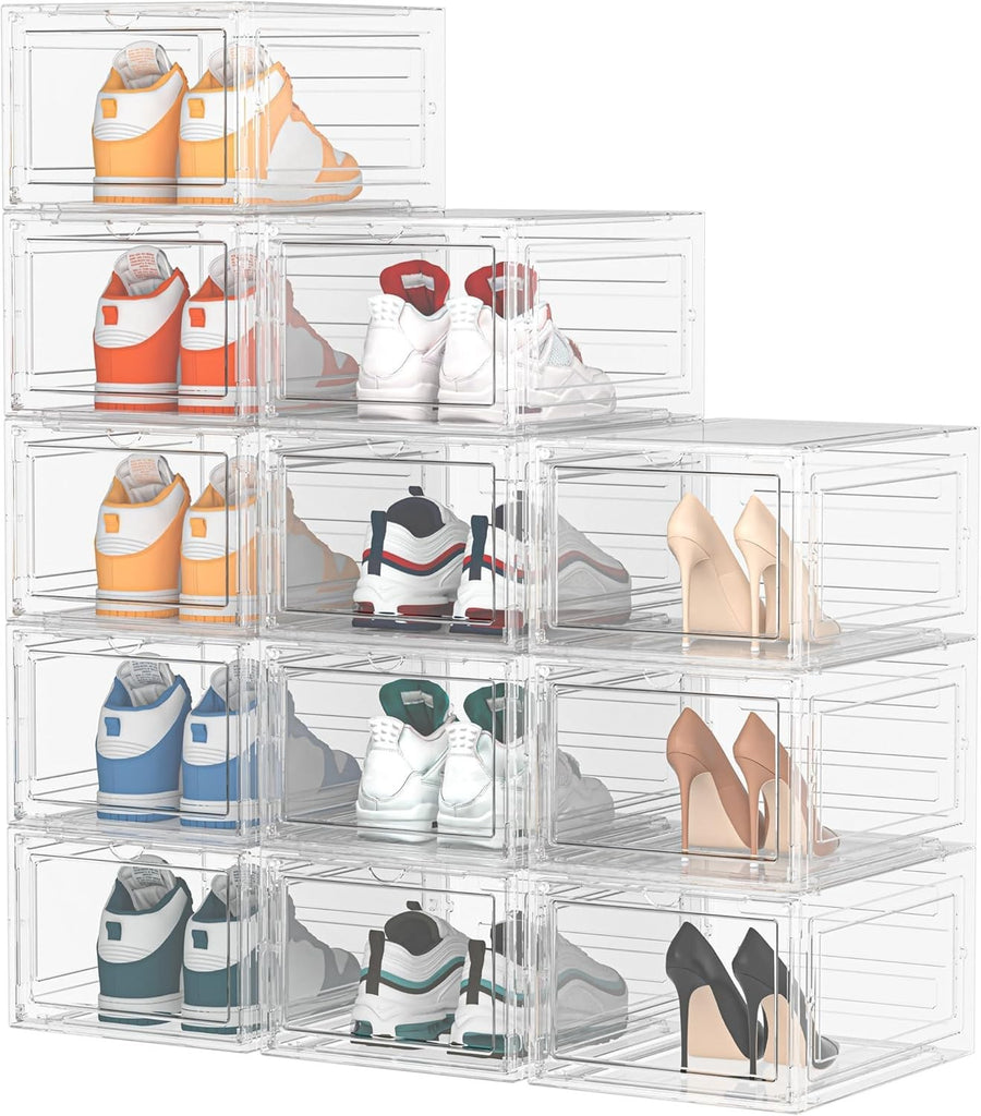 Clear Stackable Shoe Storage Boxes 12 Pack – Fits UK 12.5, Ventilated & Magnetic