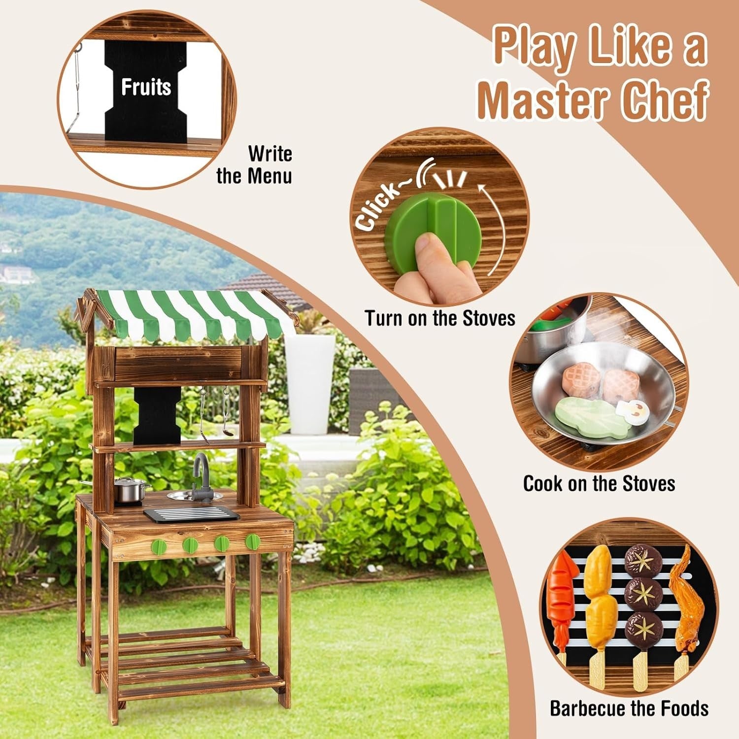 Kids Mud Kitchen BBQ Playset Canopy Chalkboard Wooden Toy