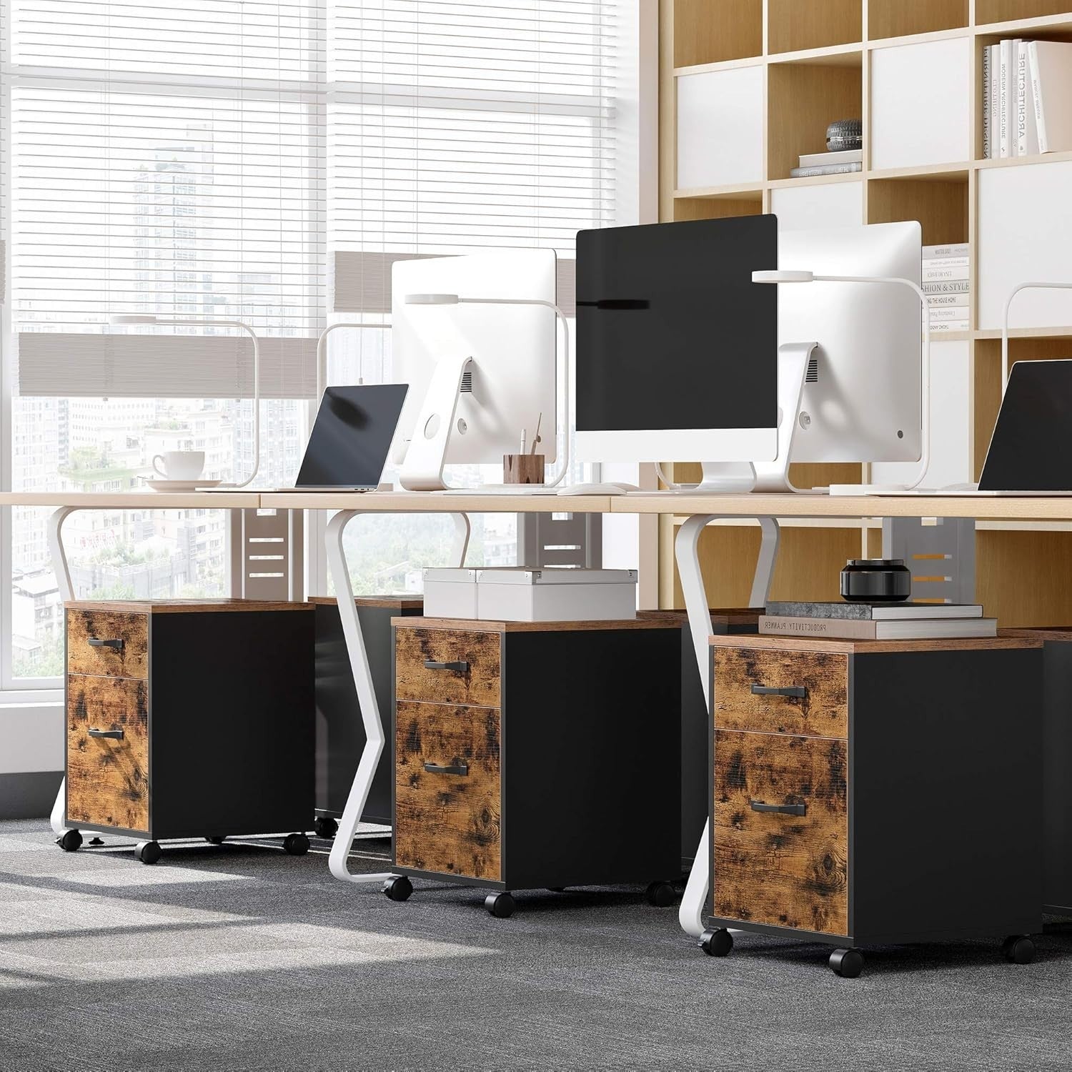 Rustic Brown & Black 2-Drawer Rolling Filing Cabinet – A4 Office Storage Unit