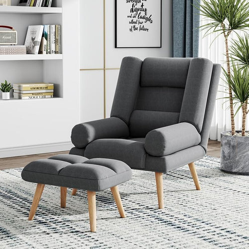 Push Back Recliner Armchair with Footstool Grey Lounge Chair for Living Room