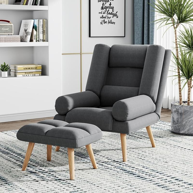 Push Back Recliner Armchair with Footstool Grey Lounge Chair for Living Room