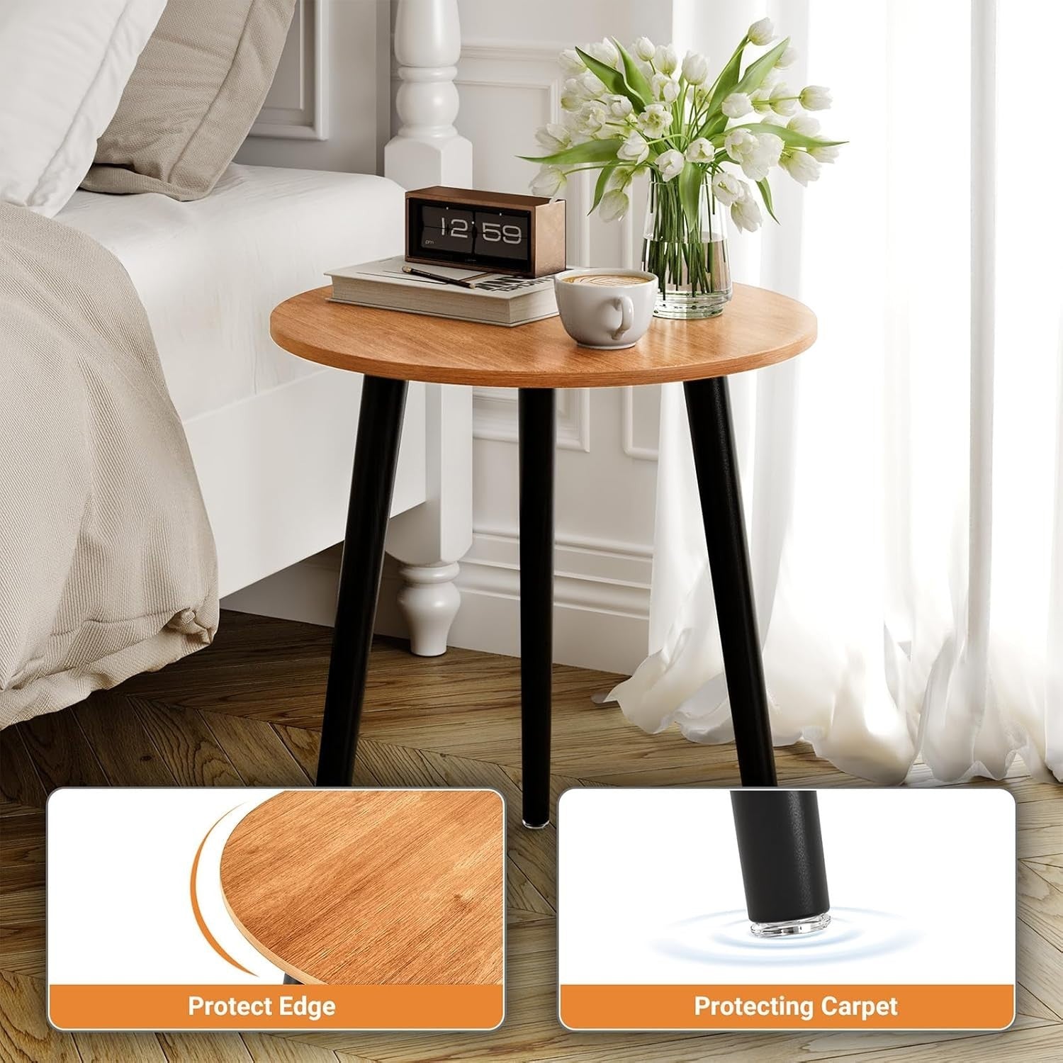 Small Walnut & Black Round Side Table 42x42x51cm, Sturdy Iron Legs.