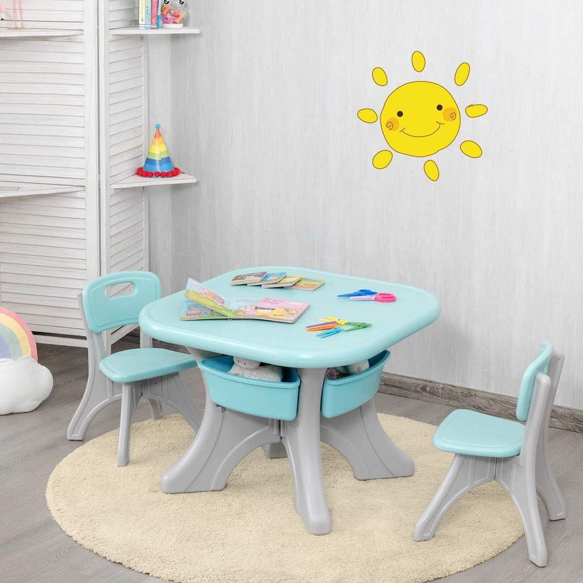 Kids Activity Table & 2 Chairs Set Green w/Detachable Storage Bins, Sturdy & Lig