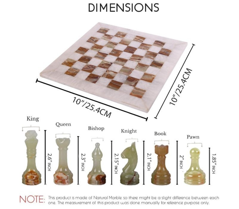 Luxury 10x10” Marble Chess Set White & Onyx Green – Handmade Stone Board
