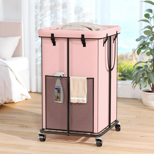 150L Tall Rolling Laundry Hamper Pink Metal Frame with Removable Bag & Wheels