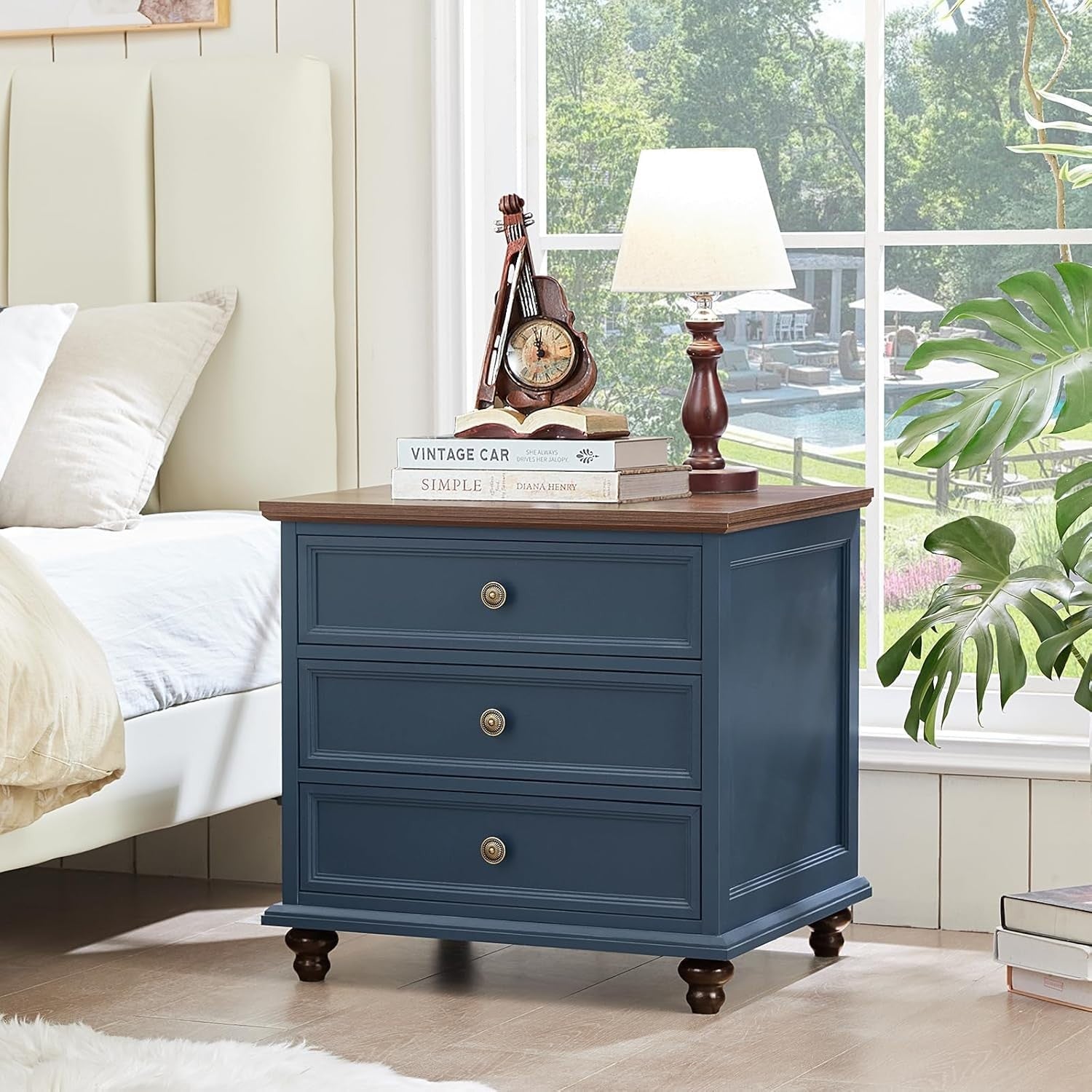 Dark Blue Wooden Bedside Table with Drawers – Rustic Farmhouse Nightstand