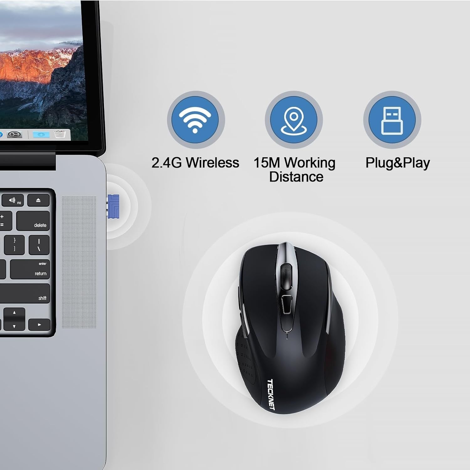 Black Rechargeable Wireless Mouse 4800DPI Silent Ergonomic USB Laptop PC
